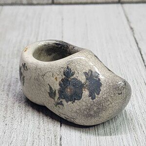 Vintage Miniature Porcelain Clog Shoe Figurine Hand Painted Glazed 2'' Gray